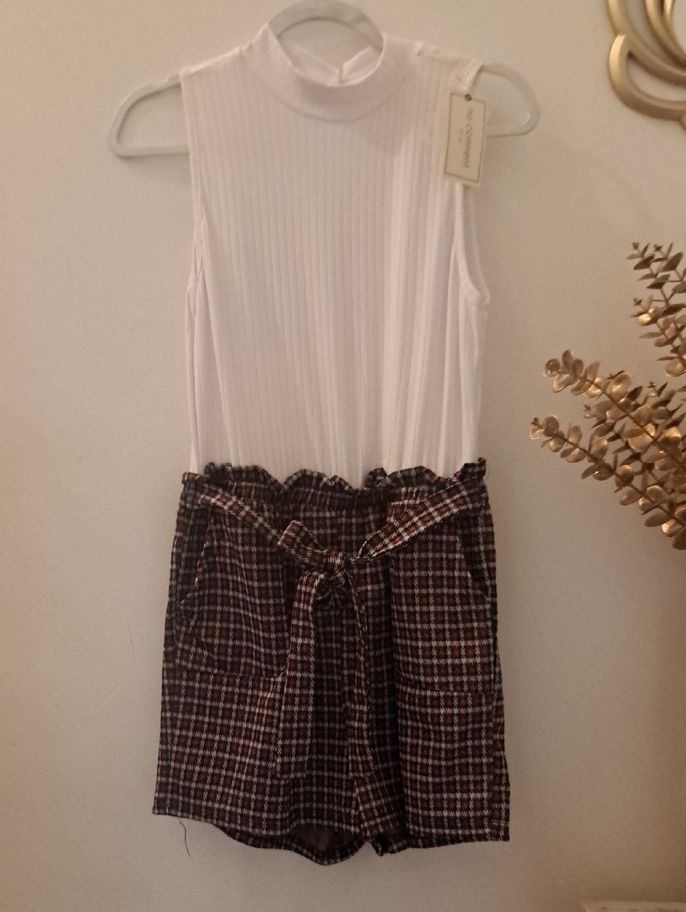 White Ribbed Mock Neck Tank with Plaid Paperbag Shorts